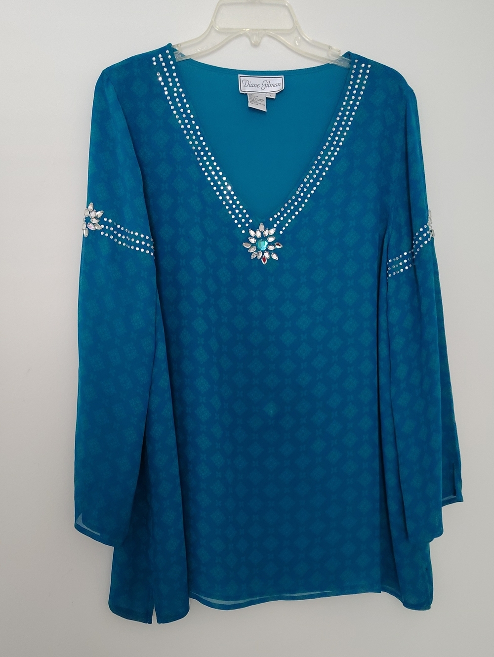 Diane Gilman Teal V-Neck Jewel-Embellished Top with Matching Pants Size L